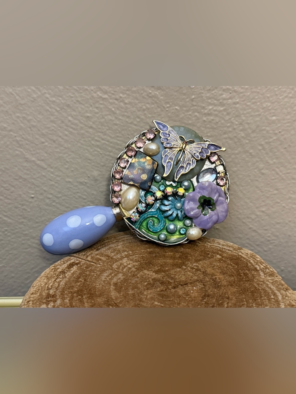 Vintage Jeweled Gem Whimsical Butterfly Mosaic Polka Dot Handle Mini Hand Mirror